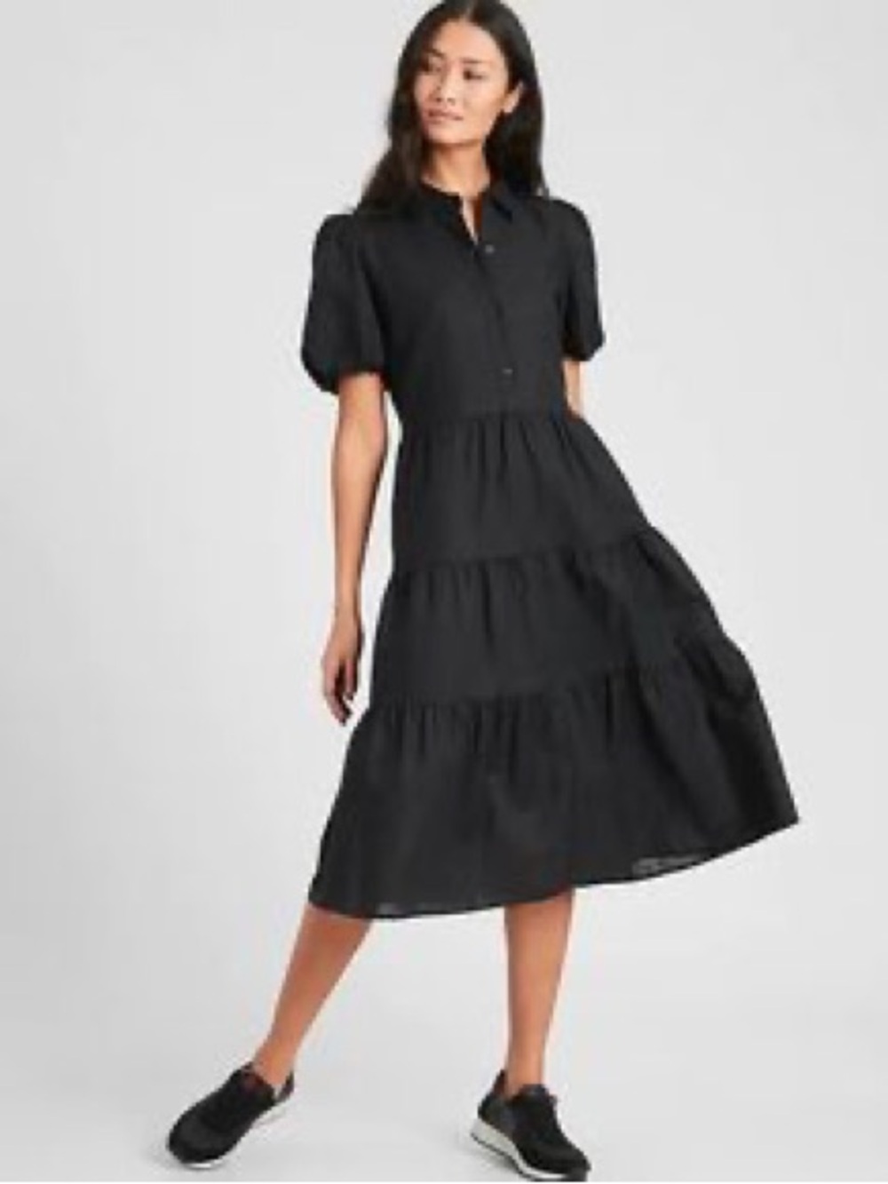 Banana Republic Black Tiered Puff-Sleeve Midi Dress